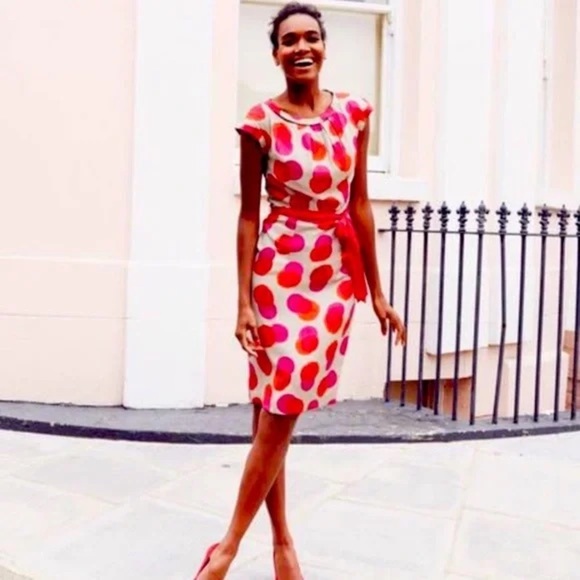 Boden putney spot dress pink orange gray taupe silk midi dot print retro size 4 - Picture 1 of 3
